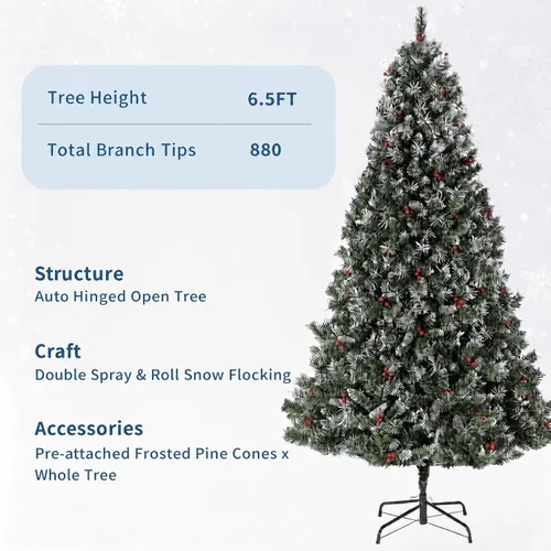Vista 7 de 6.5 ft Prelit Snow Flocked Christmas Tree, Artificial Pine Tree with Red Berries & Pine Cones, 880 Branch Tips, Hinged Branches, Easy Assembly, Fire