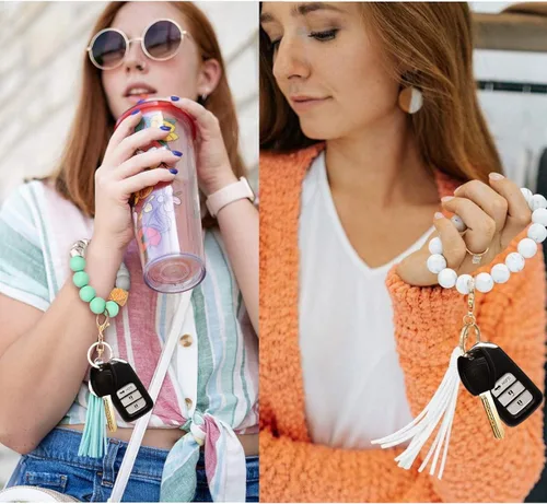 Vista 2 de Llavero de silicona, pulsera con cuentas, portátil, para llaves de la casa, del auto, con anillo