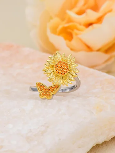 Vista 3 de Anillo ajustable de abejamariposamostazacolibrígatoarco iris para mujer, plata de ley 925, anillos de cuchara para mujer, tamaño adecuado