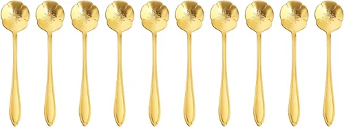 Vista 9 de Cuchara de flores de acero inoxidable de 10 piezas, cucharas creativas de postre doradas, cucharas de café, agitadores de café, cuchara de té