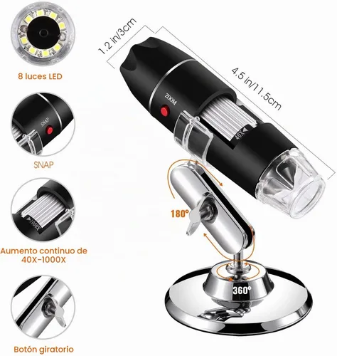 Vista 4 de Microscopio digital USB 40X a 1000X, cámara endoscopio de aumento de 8 LED con estuche de transporte y soporte de metal, compatible con Android