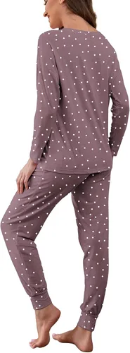 Vista 2 de DUSDIMON Conjunto de pijama de manga larga para mujer, conjunto de dos piezas con bolsillos, ajuste holgado