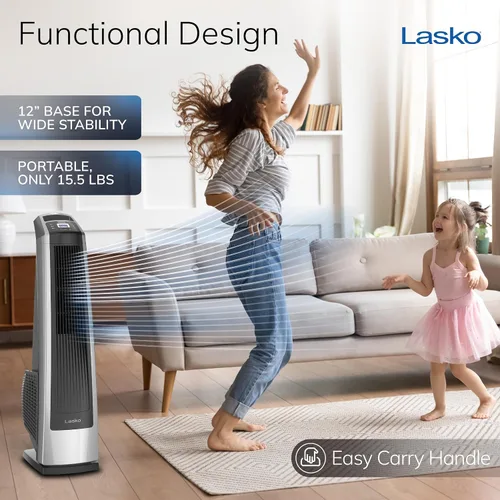 Vista 5 de Lasko Ventilador de torre oscilante de alta velocidad, 3 velocidades potentes, temporizador, rejillas direccionales ajustables, control remoto