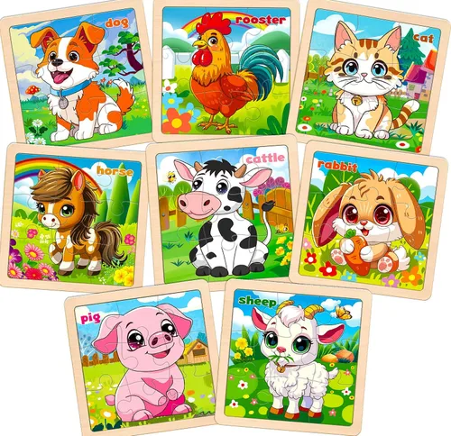 Vista 9 de Rompecabezas de madera para niños pequeños, 9 piezas de rompecabezas de animales para niños de 3 a 5 años, actividades de aprendizaje preescolar