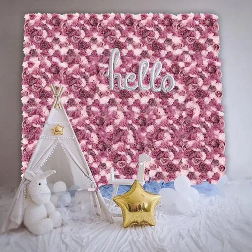 Vista 2 de OUKANING Paquete de 6 paneles de pared de rosas artificiales de seda para fiestas, bodas, flores, telón de fondo de pared para escenario del hogar