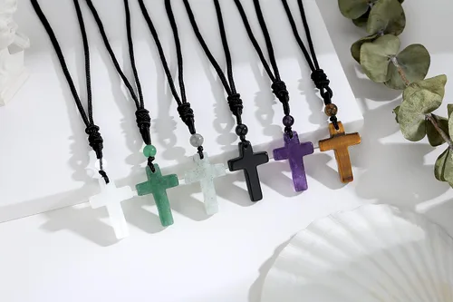 Vista 6 de Collar de cristales de amatista, collares de cristal con cruz ajustable, cuerda negra, piedra real, piedra preciosa, reiki, energía, cuarzo