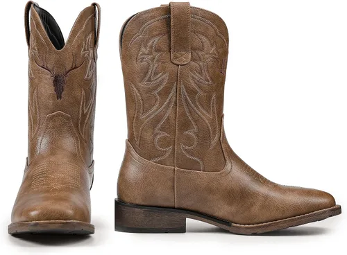 Vista 4 de Cowboy Boots for Men Square Toe Western Boots Retro Classic Embroidered Pull On Boot Marrón 002