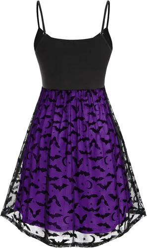 Vista 3 de Vestido gótico sin mangas para mujer, estilo vintage, con tirantes delgados, vestido de cóctel, vestido steampunk de murciélago, vestido rockabilly