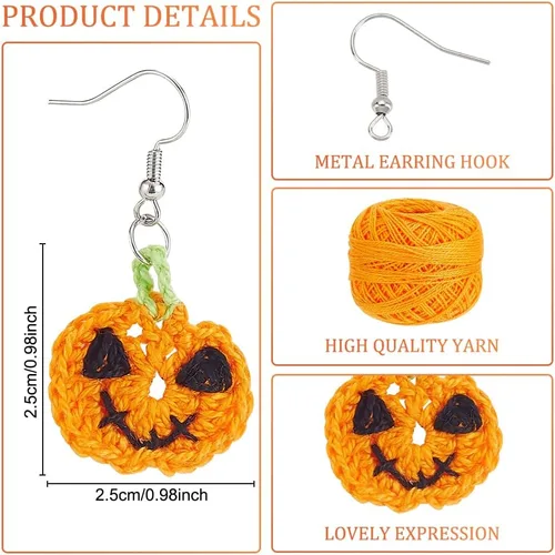 Vista 3 de FREEBLOSS Kit de 12 pares de aretes de ganchillo estilo calabaza, algodón, adulto, Halloween, kit