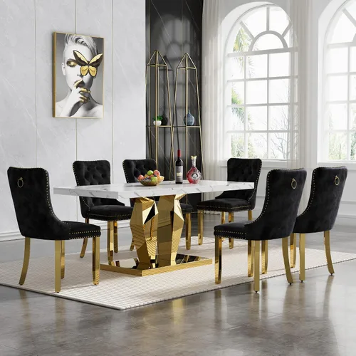 Vista 14 de Juego de 5 mesas de comedor de mármol sintético, juego de mesa de cocina y comedor para 4, mesa de comedor rectangular blanca de 70 pulgadas