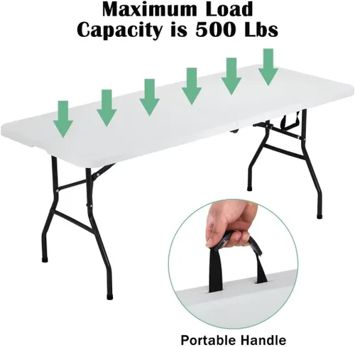 Vista 7 de Mesa plegable portátil de plástico resistente, mesa de picnic de 6 pies, mesa de camping resistente multifunción con asas, práctica mesa plegable