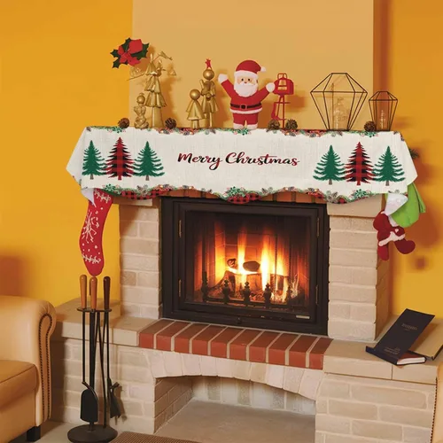 Vista 8 de Bufanda para chimenea con árbol de Navidad, 90 x 17 pulgadas, guirnalda de Navidad a cuadros rojos, cubierta de mantel de lino vintage, protector