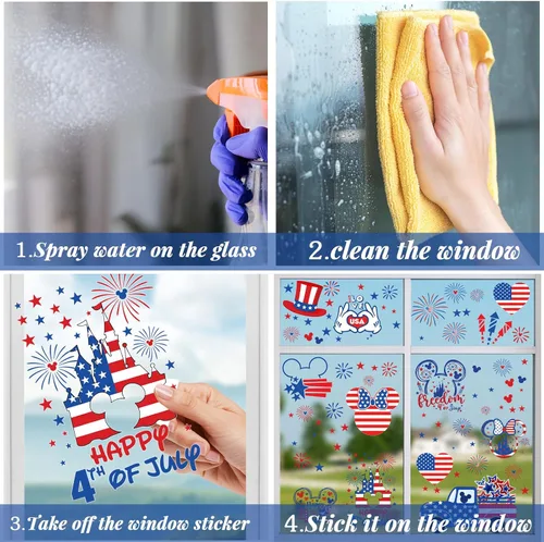 Vista 6 de Adhesivos para ventana del 4 de julio, 9 hojas de ratón con bandera americana adhesiva patriótica para ventana, decoraciones para el día