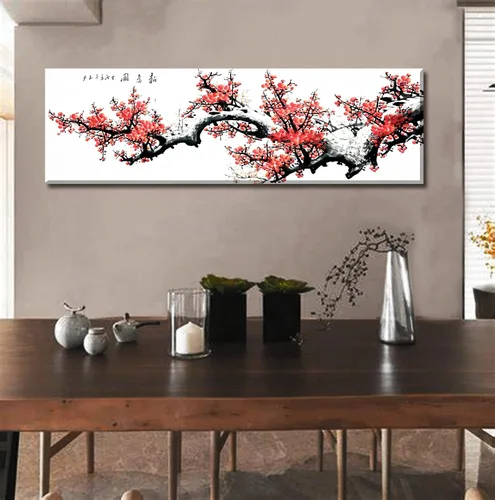 Vista 3 de JiazuGo Decoración asiática, pintura china, arte de pared oriental rojo ciruelo flor lienzo cuadros para dormitorio, decoración estética de pared
