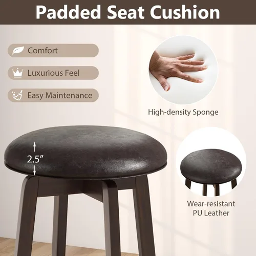 Vista 5 de COSTWAY Juego de 2 taburetes de bar giratorios de 29 pulgadas, taburetes de bar tapizados con asiento de piel sintética y patas de madera de goma