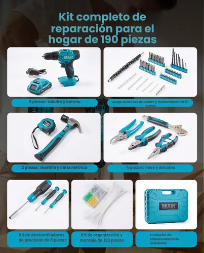 Vista 2 de Seesii - Kit de herramientas con taladro inalámbrico de 21V - Juego de herramientas eléctricas de 190 piezas, kit de herramientas manuales con caja