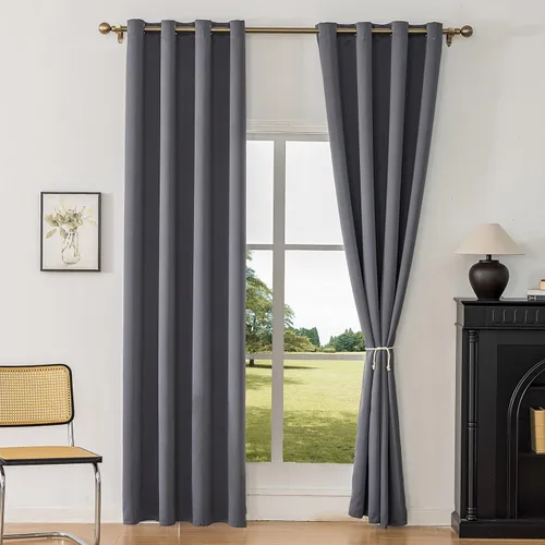 Vista 16 de Cortinas opacas con aislamiento térmico y ojales para dormitorio y sala de estar, 2 paneles, 52 pulgadas de ancho x 63 pulgadas de largo, textura