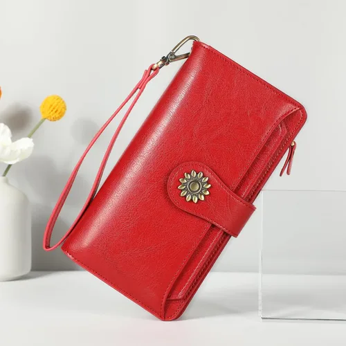 Vista 3 de Lavemi Carteras de cuero genuino de gran capacidad con bloqueo RFID para mujer, tarjetero con correa para la muñeca
