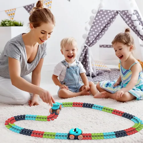 Vista 3 de Juguete de Pista de Carreras para Niños con Coche con Luz LED, Pista de Carreras Eléctrica Flexible Intercambiable con Batería para Niños y Niñas