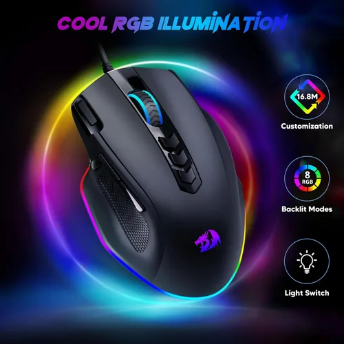 Vista 2 de Redragon Ratón para juegos con cable, mouse ergonómico retroiluminado RGB de hasta 8000 DPI, 11 botones programables y 7 modos retroiluminados