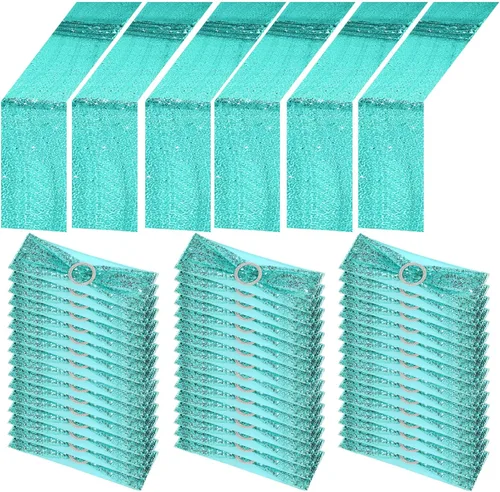 Vista 11 de Newwiee 54 cintas de lentejuelas negras para sillas y caminos de mesa, 48 lazos de lentejuelas para silla, 6 caminos de mesa con purpurina