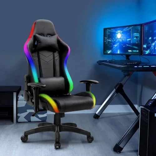Vista 2 de TOEWOE Silla de juegos con luz LED, silla de oficina, silla de computadora de respaldo alto, silla giratoria ergonómica ajustable con reposacabezas