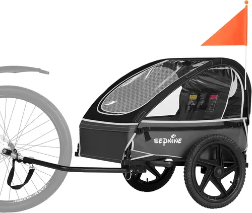 Vista 9 de Sepnine Remolque de bicicleta para niños, adecuado para 1 a 2 niños, 12 meses en adelante, fijación rápida a la bicicleta, plegable, con arnés de 5