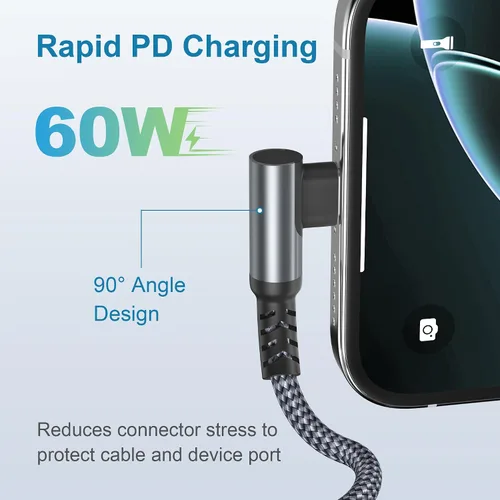 Vista 3 de Basesailor Cable Cortor de Carga USB C a USBC de 1 Pie 100W con Adaptador USB, Cable de Carga PD de 90 Grados para Coche, Rápido para iPhone 17 16