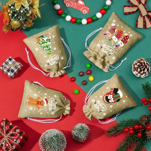 Vista 4 de FLOE 72 piezas Bolsas de regalo de Navidad de arpillera con cordón, bolsas de lino de Navidad con cordón para golosinas, bolsas de regalo de Navidad