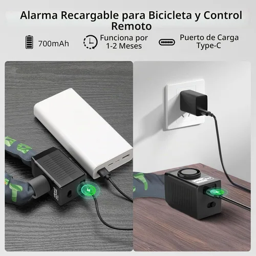 Vista 3 de Candado de cadena para bicicleta con alarma E Scooter Lock alarma antirrobo 110dB 4ft seguridad resistente con cable USB C y 3 llaves para Verde