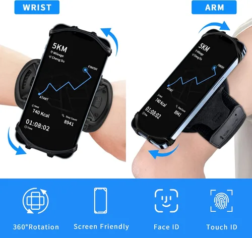 Vista 3 de Brazalete con soporte para teléfono para correr, desmontable y giratorio de 360°, con bolsillo para llaves para iPhone 16/15/14/13 Pro/12