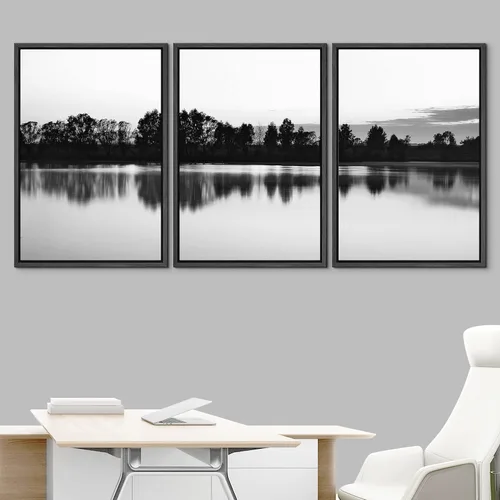 Vista 2 de NWT Juego de Arte de Pared de Lienzo Enmarcado Bosque Blanco y Negro Reflejo de Lago Paisaje Naturaleza Vida Silvestre Arte de Fotografía Rústico