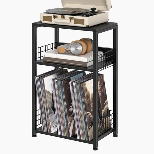 Vista 10 de Soporte para tocadiscos, mesa auxiliar de 3 niveles con almacenamiento de discos de vinilo, soporte para discos de vinilo de hasta 120 álbumes