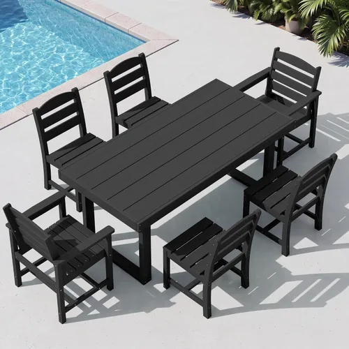 Vista 13 de SERWALL HDPE - Juego de comedor al aire libre para 4, 67 pulgadas, para todo tipo de clima, mesa de comedor y sillas sin brazos para terraza Negro