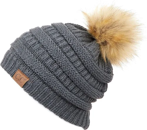 Vista 123 de Gorro unisex liso con pompón y ribete (HAT-43) de C.C Hatsandscarf Exclusives Marfil
