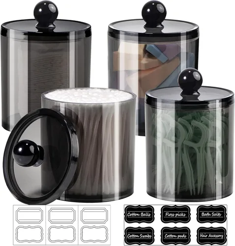 Vista 8 de SheeChung Paquete de 2 tarros pequeños de plástico transparente para boticario de 10 onzas – Soporte dispensador Qtip para almacenamiento de tocador