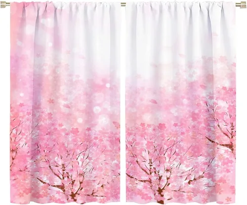 Vista 54 de Cortinas de cerezo, paisaje japonés, árbol de cerezo natural, primavera, dormitorio, sala de estar, ventana, 2 juegos de paneles, 42 x 45 pulgadas
