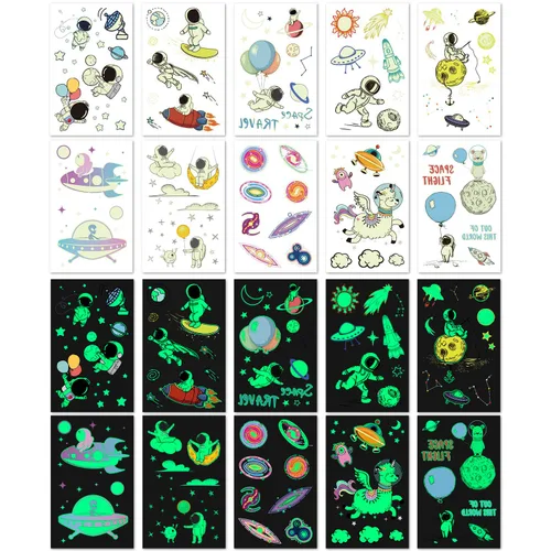 Vista 5 de PHOGARY 20 hojas de calcomanías espaciales para niños (brillan en la oscuridad), tatuajes falsos para niños, divertidos tatuajes temporales como