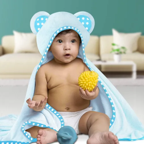 Vista 5 de Juego de 2 toallas de bebé con capucha, color azul, lujosas, grandes y superabsorbentes, 30 x 30 pulgadas, suaves y adecuadas para bebés, niños