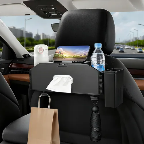 Vista 12 de Organizador de respaldo de asiento de automóvil 7 en 1 con portavasos, caja de pañuelos, cubo de basura y ganchos, organizador de almacenamiento