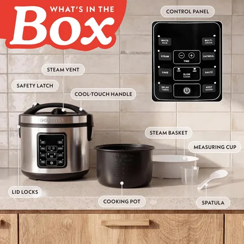 Vista 4 de Arrocera Gourmia – Capacidad de 3 Qt, 12 tazas cocidas, 6 tazas sin cocinar, controles digitales, cocedor de granos y vaporera, cesta de vapor