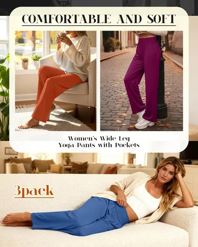Vista 156 de Neer - Conjunto de 3 pantalones de yoga de pierna ancha para mujer - Pantalones deportivos cómodos, holgados, de cintura alta y casuales