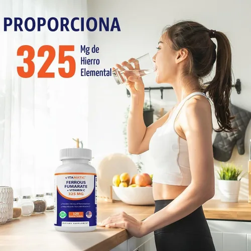 Vista 5 de Vitamatic Fumarato ferroso 325 mg + vitamina C 100 mg (104 mg de hierro elemental) – Suplemento de hierro de alta potencia – Suave para el estómago