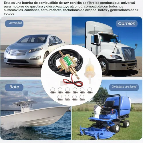 Vista 2 de Kit de bomba de combustible eléctrica universal de 12V, 3-6 PSI, baja presión con filtros de combustible, 10 abrazaderas de manguera, 6.56 pies