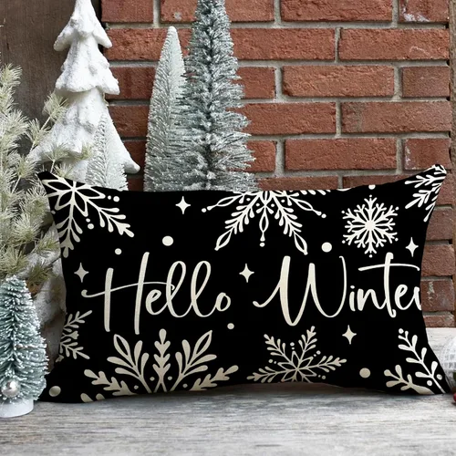 Vista 5 de Fahrendom Hello Winter - Funda de almohada rectangular decorativa lumbar negra de 12 x 20 pulgadas, diseño de copos de nieve de Navidad, porche