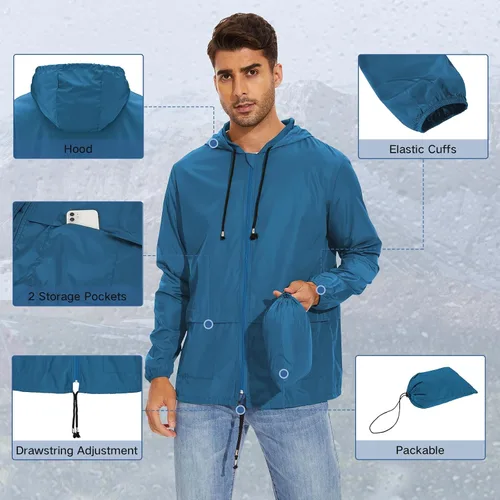 Vista 4 de American Trends Chubasquero para hombre impermeable con capucha para hombre, chaqueta rompevientos, abrigo de lluvia
