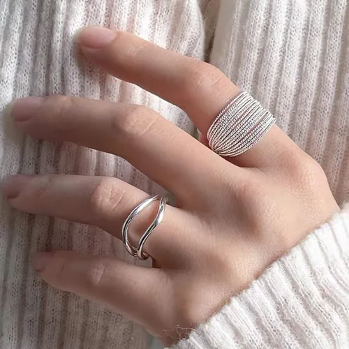 Vista 6 de EXPHAIN Anillo ajustable para mujer, de múltiples capas, único, envolvente, minimalista, a la moda, anillos de plata, joyería, Metal no precioso.