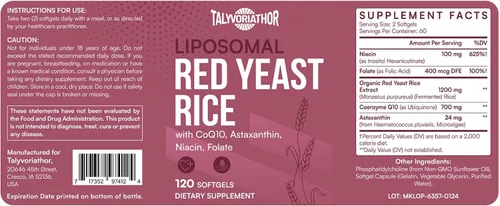 Vista 5 de Talyvoriathor Arroz liposomal de levadura roja 1200 mg con CoQ10 y astaxantina - Levadura de arroz para colesterol - Alta absorción - Sin citrinina