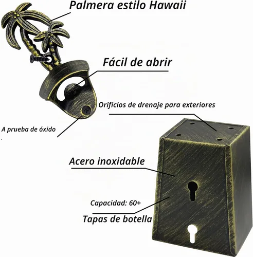 Vista 2 de Abridor de tapas de cerveza de montaje en pared, palmera de bronce envejecido inoxidable con rosca en abridor de botellas con tapa de drenaje