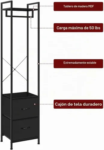 Vista 4 de Perchero resistente con 2 cajones de tela y estantes de almacenamiento Soporte de tela independiente de 3 niveles para dormitorio, entrada, sala